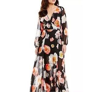 Gianni Bini Black‎ Orange Floral Criss Cross Back Maxi Wrap Dress Long Sleeve M